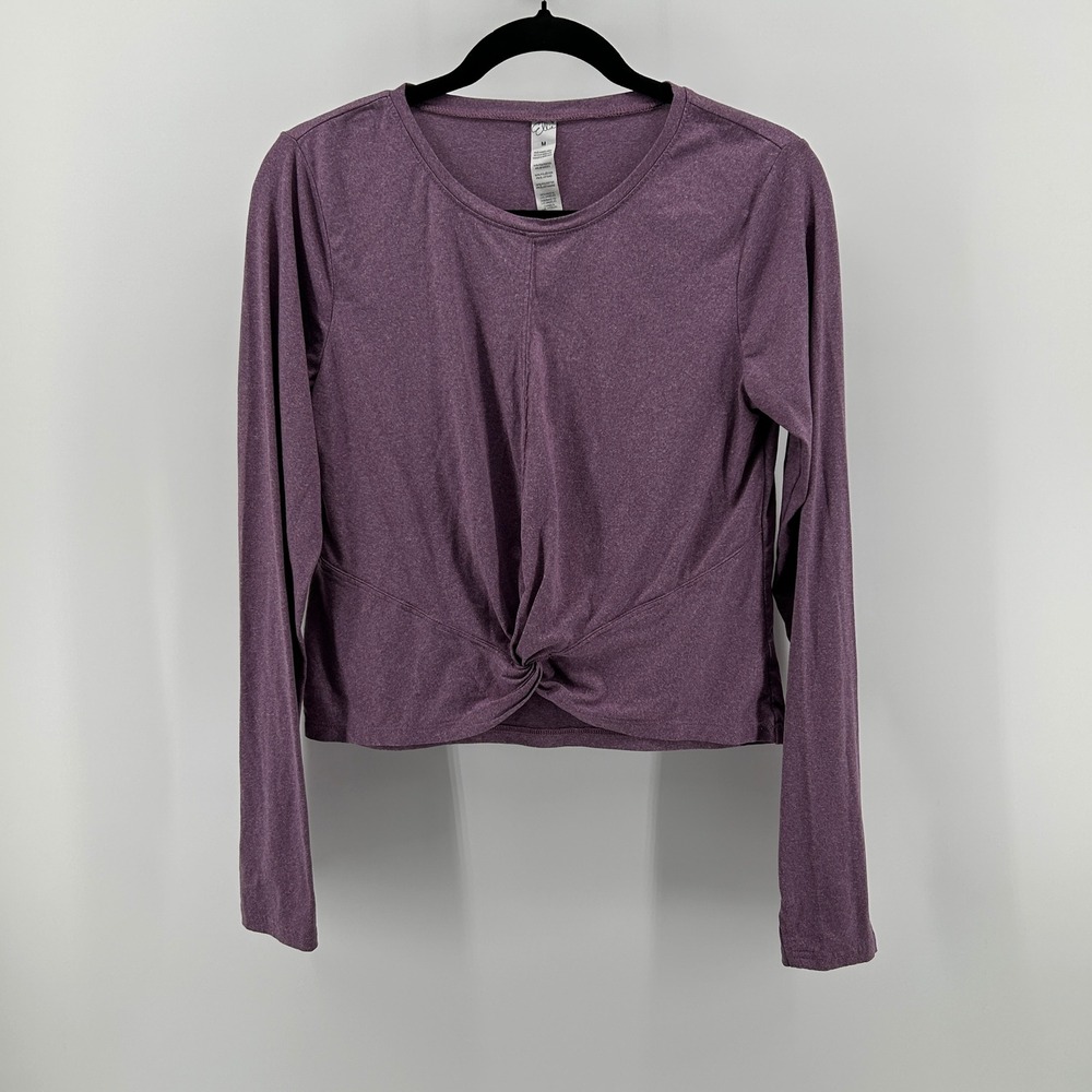Ellie Heathered Purple Twist Front Long Sleeve Active Crop Top Med Athletic Yoga